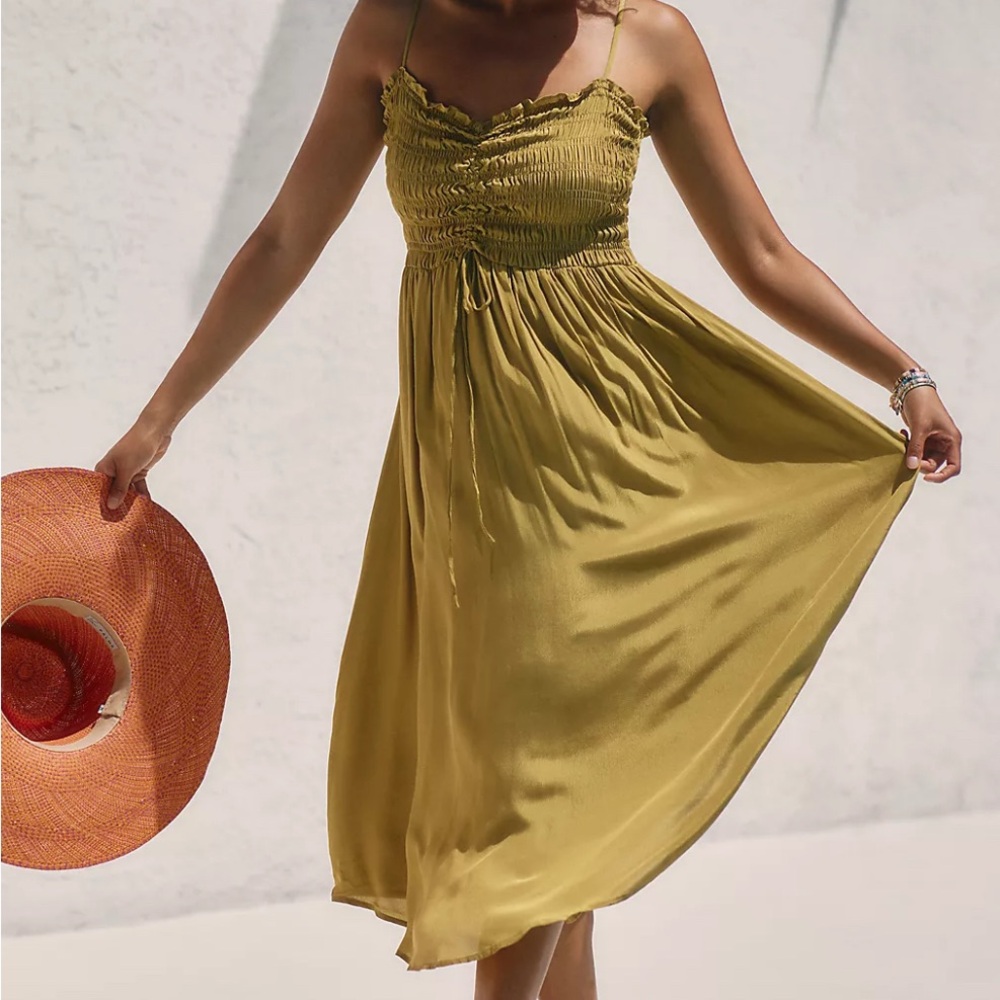 Anthropologie Olive Green Smocked Silky Dress